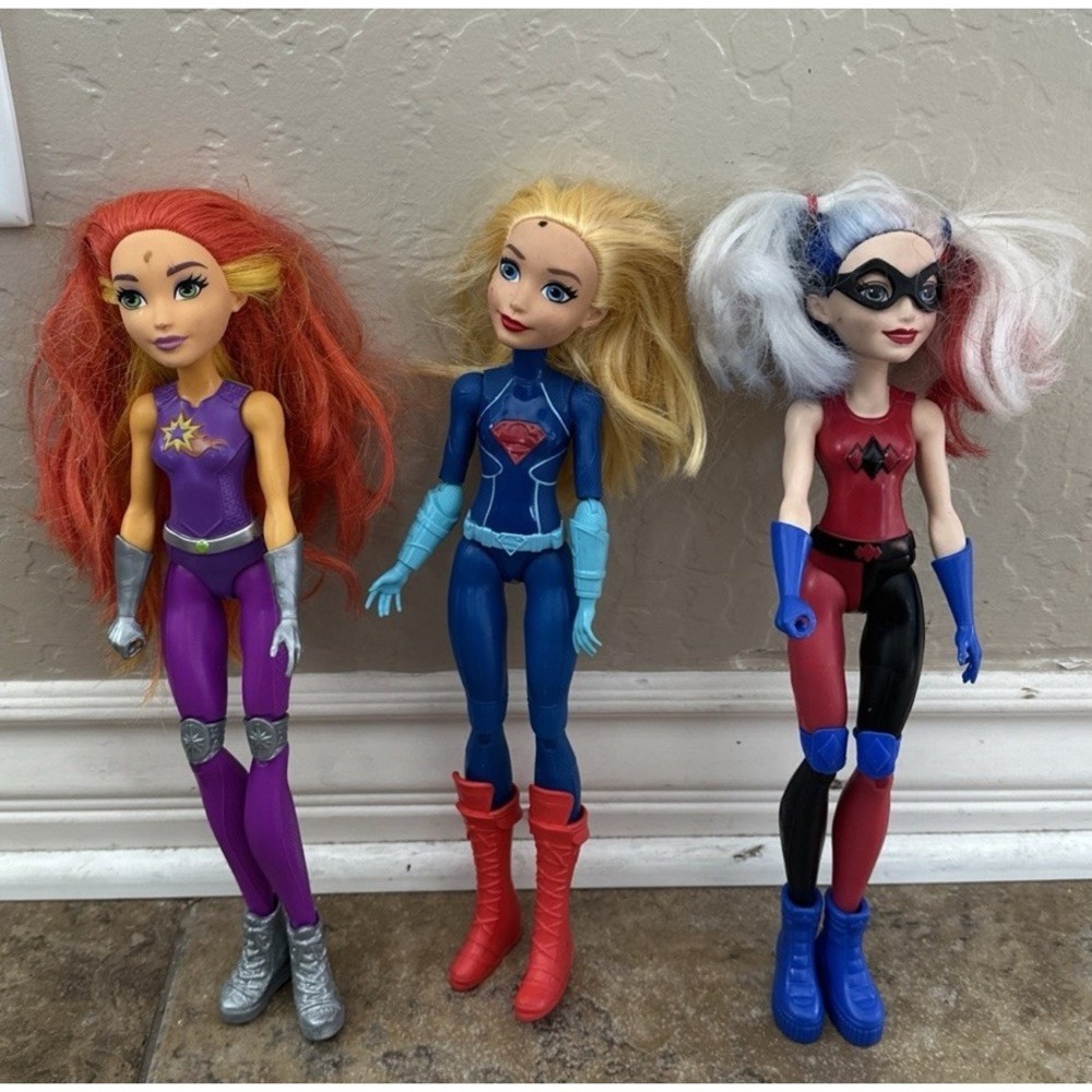 DC Hero Dolls 12" LOT of 3 SuperGirl, Starfire, Harley Quinn, Blemish